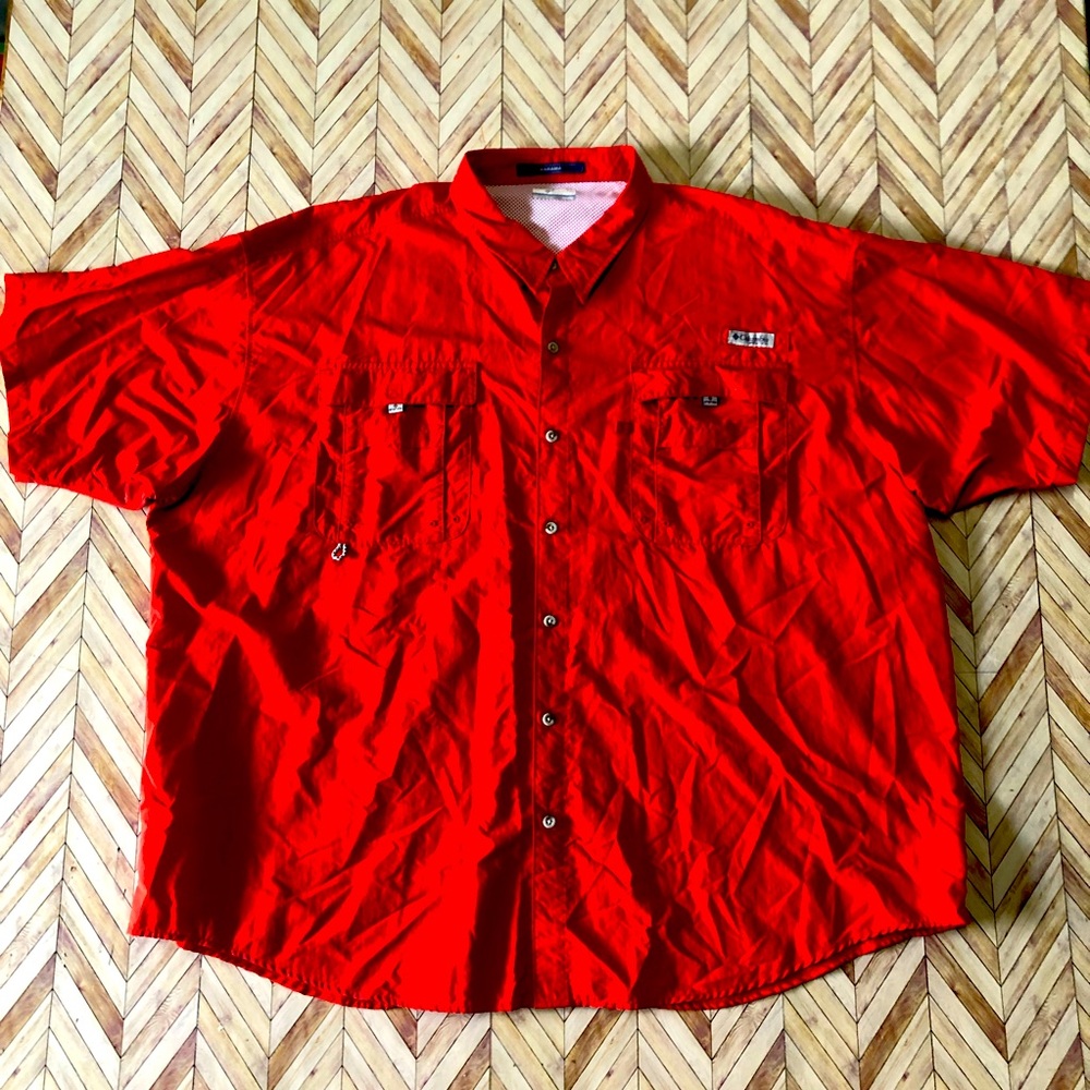 Columbia Mens Bahama Short Sleeve Button Down Omni Shade PPG Size XXL Red.